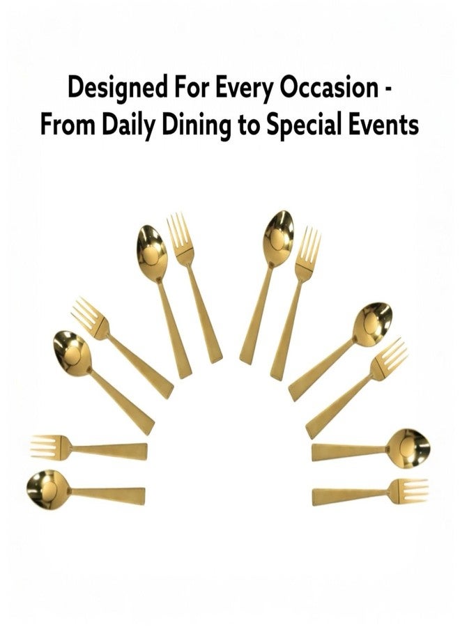 Exclusivish طقم أدوات مائدة فاخر من إكسكلوسيفش (12 قطعة، 6 ملاعق و6 شوك مطلية بالذهب بتقنية PVD من الفولاذ المقاوم للصدأ)، أدوات مطبخ، مصنوع من مواد آمنة غذائيًا 100%، غير سام، مقاوم للصدأ، آمن للغسل في غسالة الصحون، طقم هدايا مثالي - Image 5